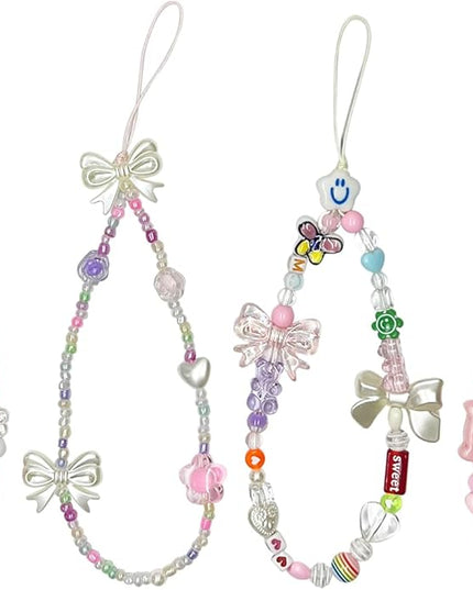 4 Pcs Phone Charms Cute Beaded Phone Pink Lanyard Wrist Strap Aesthetic Y2K Cellphone Wrist Strap Bow Butterfly Heart Star Flower for Camera Keychain Wallet Pendant Decor