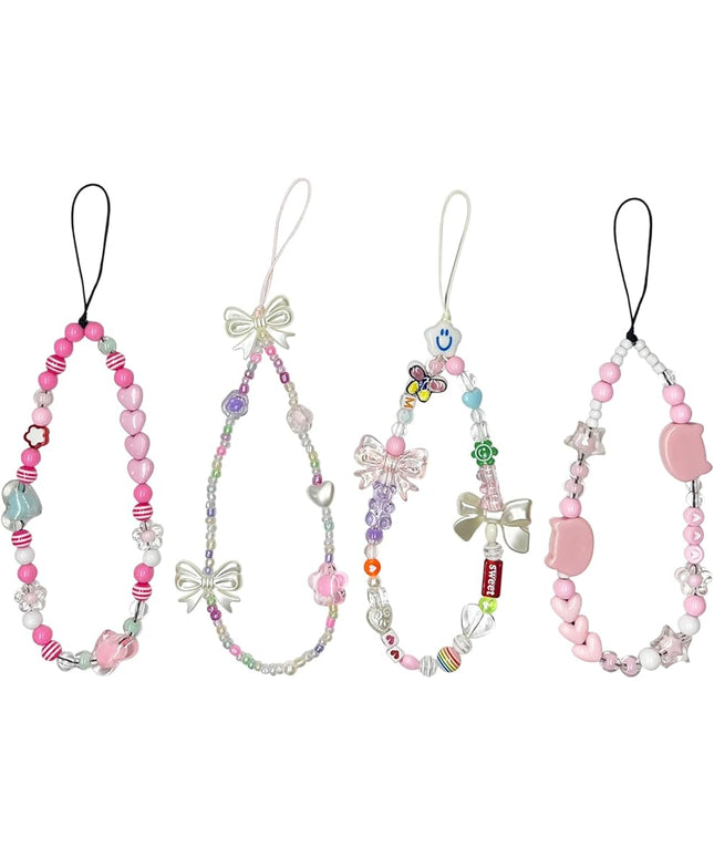 4 Pcs Phone Charms Cute Beaded Phone Pink Lanyard Wrist Strap Aesthetic Y2K Cellphone Wrist Strap Bow Butterfly Heart Star Flower for Camera Keychain Wallet Pendant Decor