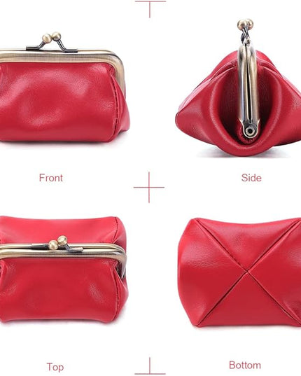 Plinvo Mini Genuine Leather Coin Purse for Women Vintage Kiss Lock Change Organizer Blue (Red)