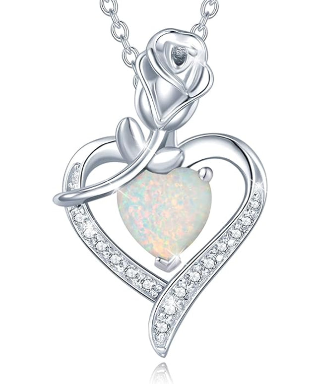 AGVANA Christmas Gifts Rosy Reverie Birthstone Necklace for Women Sterling Silver Genuine or Created Gemstone Rose Flower Heart Pendant Necklace Anniversary Birthday Gifts for Women Mom Wife Her