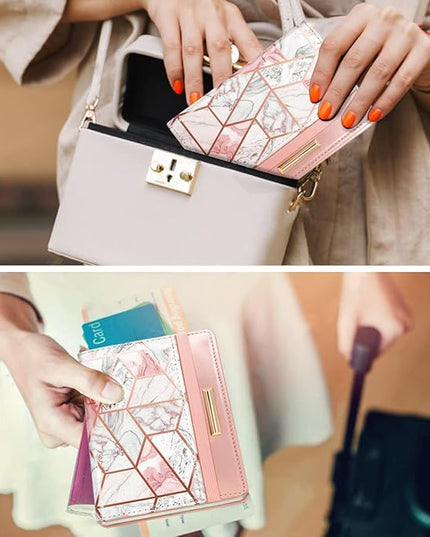 Passport Holder Cover Travel RFID Blocking Passport Cover Rose Gold Cute Flowers Passport Wallet with Elastic Band for Women