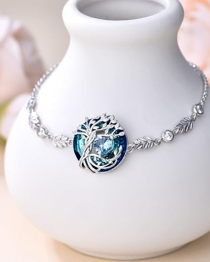 TOUPOP Tree of Life Birthstone Bracelet 925 Sterling Silver Family Tree Austrian Crystal Jewelry Anniversary Birthday Christmas Gifts for Women Wife Girlfriend Her