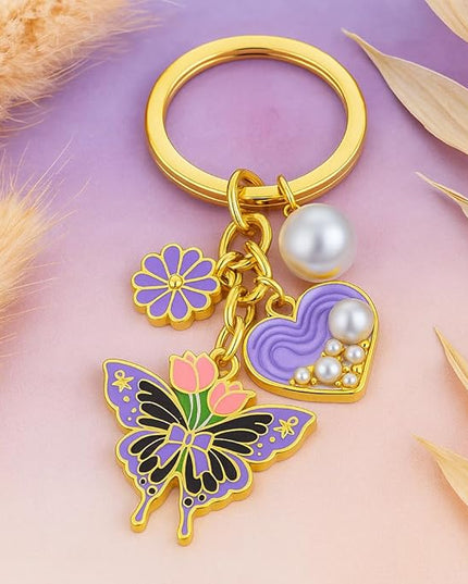 Floral Pearl Keychain - Elegant Purple Flower & Pearl Heart Key Chains for Women, Cute Butterfly Bag Charms, Romantic Gift