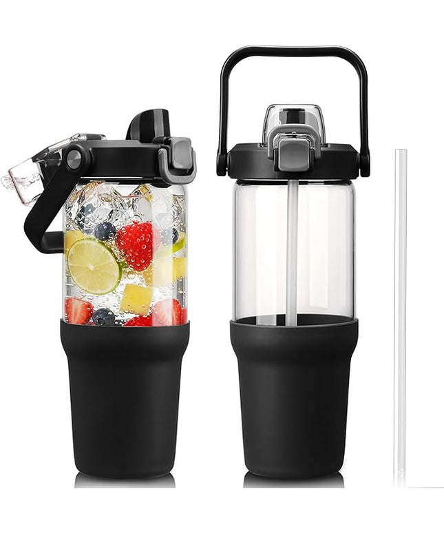 Glass Tumbler with Carry Handle, Clear Glass Water Bottle with Leakproof Lid, Spout Lid&Straw, BPA-Free, 32 oz, Black