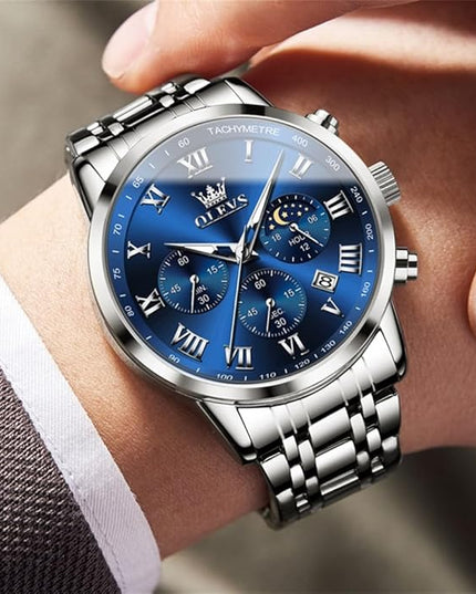 OLEVS Mens Watch Luxury Big Face Stainless Steel Analog Quartz Multifunctional Waterproof Luminous Date Two Tone Fashion Dress Wrist Watches for Man