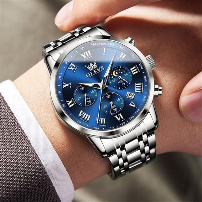 OLEVS Mens Watch Luxury Big Face Stainless Steel Analog Quartz Multifunctional Waterproof Luminous Date Two Tone Fashion Dress Wrist Watches for Man