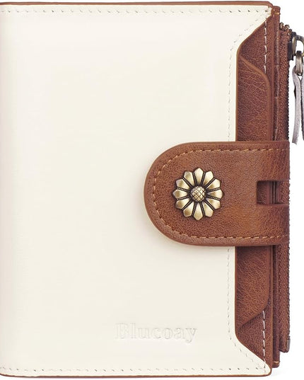 Blucoay Wallet Women,RFID Blocking Leather Womens Wallet Bifold Compact Card Holder Small Wallet for Women with Removable ID Window(Whitebrown)