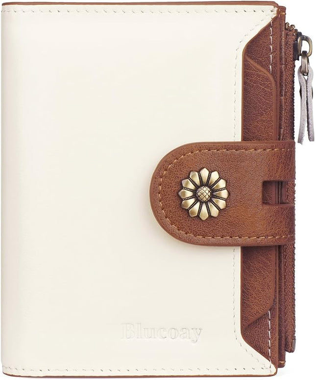 Blucoay Wallet Women,RFID Blocking Leather Womens Wallet Bifold Compact Card Holder Small Wallet for Women with Removable ID Window(Whitebrown)