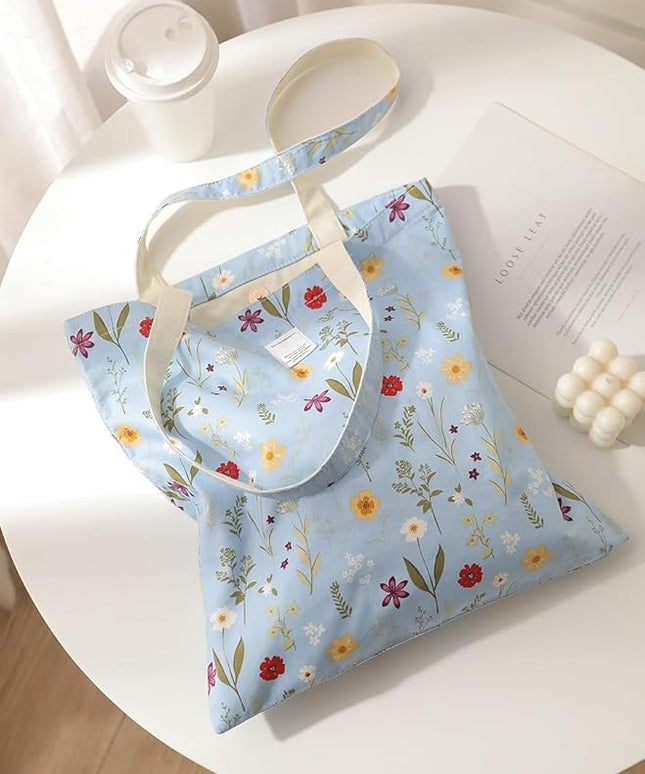 Floral Cotton Canvas Tote Bag for Women: 14x15 Inches Reusable Grocery Bag for Work, School, Travel, Gym