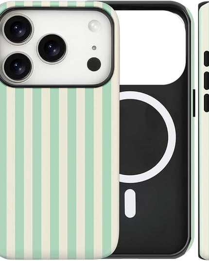 Magnetic for iPhone 17 Pro Max Case Cute Stripes Phone Case, Shockproof Slim TPU and Hard PC Protective Phone Cover Compatible with MagSafe Designed for Women Girls, Light Green