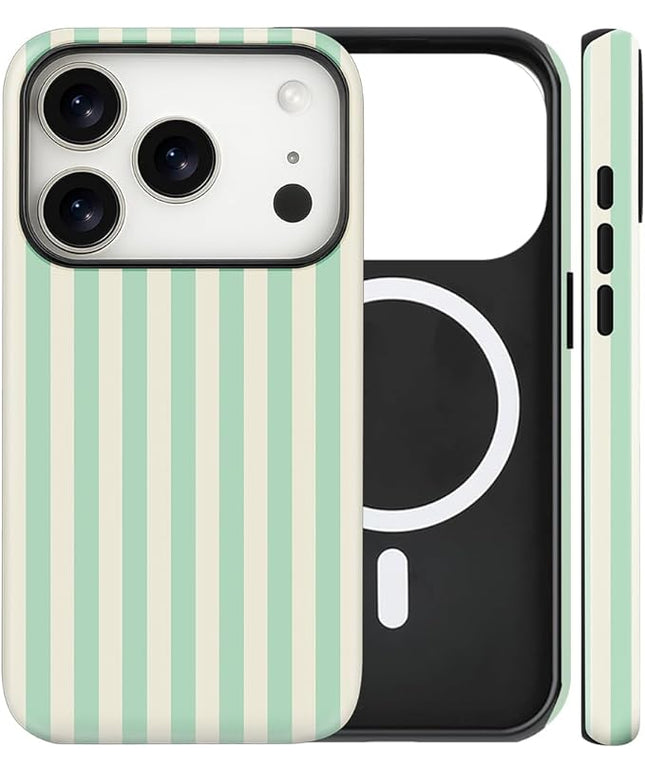 Magnetic for iPhone 17 Pro Max Case Cute Stripes Phone Case, Shockproof Slim TPU and Hard PC Protective Phone Cover Compatible with MagSafe Designed for Women Girls, Light Green