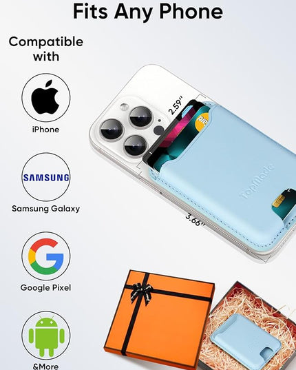 TopMade Phone Card Holder, Premium Leather Phone Wallet Stick on, Stronger 3M Adhesive Credit Card Holder for Back of Phone Case, iPhone, Samsung, and Android, RFID Blocking, Fit 4 Cards, Sky Blue