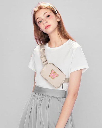 Gitus Belt Bag Fanny Pack Crossbody Bags with Initial Letter Patch Cute Stuff Birthday Gifts for Teenager Girls Trendy Preppy Stuff for Teen Girls(Beige-W)