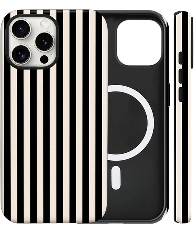 Magnetic for iPhone 15 Pro Case Cute Stripes Phone Case, Shockproof Slim TPU and Hard PC Protective Phone Cover Compatible with MagSafe Designed for Women Girls, Black and White