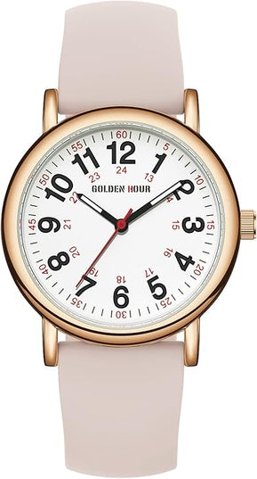 GOLDEN HOUR Waterproof Nurse Watch for Medical Professionals, Students Women Men - Military Time Luminouse Easy Read Dial, 24 Hour with Second Hand, Colorful Silicone Band