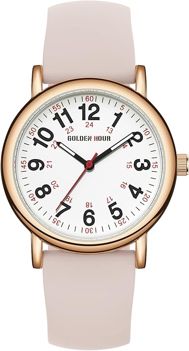 GOLDEN HOUR Waterproof Nurse Watch for Medical Professionals, Students Women Men - Military Time Luminouse Easy Read Dial, 24 Hour with Second Hand, Colorful Silicone Band