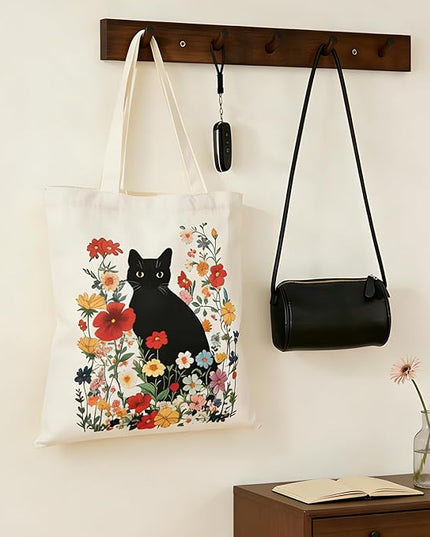Women's Canvas Tote Bag - Black Cat Print Canvas Tote with Inner Pocket, Large Shoulder Bag for Gym,College,Library,Shopping