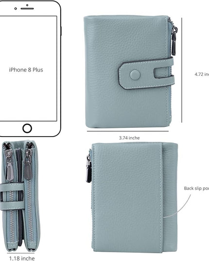 Bveyzi Small Soft Leather Wallet for Women RFID Blocking Ladies Card Holder with Double Zipper Pocket