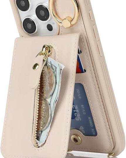 for iPhone 15 Pro Wallet Case with Card Holder, for iPhone 15 Pro Case Wallet with Strap Credit Card Slot, Crossbody Bag with Zipper Case for iPhone15 Pro - Warm White