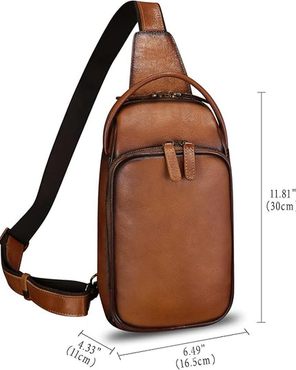 Genuine Leather Sling Bag Retro Crossbody Backpack Handmade Chest Shoulder Hiking Daypack Fanny Purse