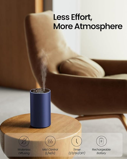 Waterless Essential Oil Diffuser, Rechargeable Scent Diffusers with 3 Mist Levels & Timers, Portable Aromatherapy Diffuser for Home Car Room Studio Office, Deep Blue