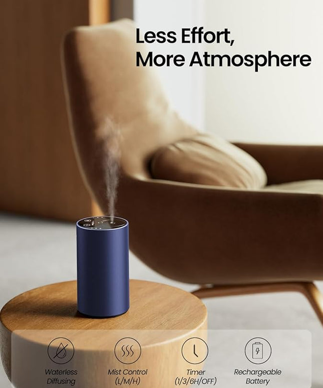 Waterless Essential Oil Diffuser, Rechargeable Scent Diffusers with 3 Mist Levels & Timers, Portable Aromatherapy Diffuser for Home Car Room Studio Office, Deep Blue