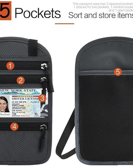 2-Pack RFID Blocking Passport Holder for Travel – Hidden Neck Wallet with Phone Pocket, Lightweight Under-Clothing Pouch Fits 7-inch phone & 2 Passports, Anti-Theft Organizer (Black & Light Gray)