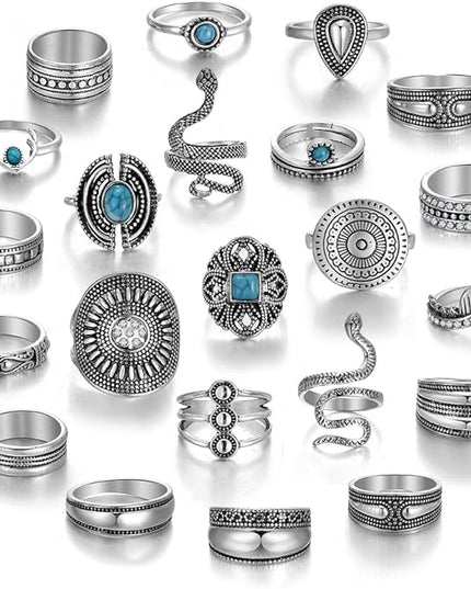 KISS WIFE Cool Rings Set for Women, Vintage Silver Punk Rings Bulk, Gothic Chunky Knuckle Emo Stackable Finger Ring Pack Western Jewelry Gift for Her