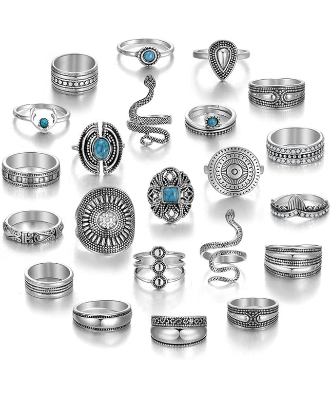 KISS WIFE Cool Rings Set for Women, Vintage Silver Punk Rings Bulk, Gothic Chunky Knuckle Emo Stackable Finger Ring Pack Western Jewelry Gift for Her