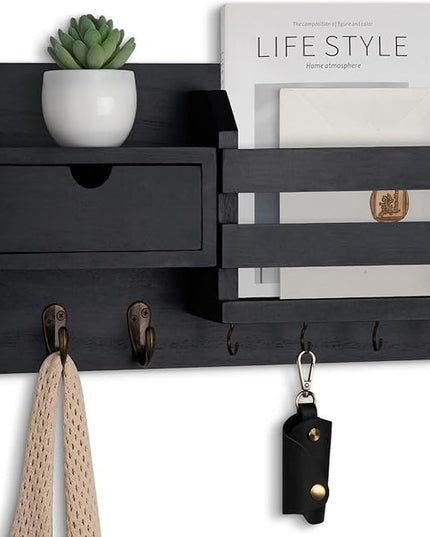 Lwenki Wall Mount Key Holder with Mail Organizer, 100% Paulownia Wood, 7 Metal Hooks, Storage Drawer, Entryway Home Decor (Black)