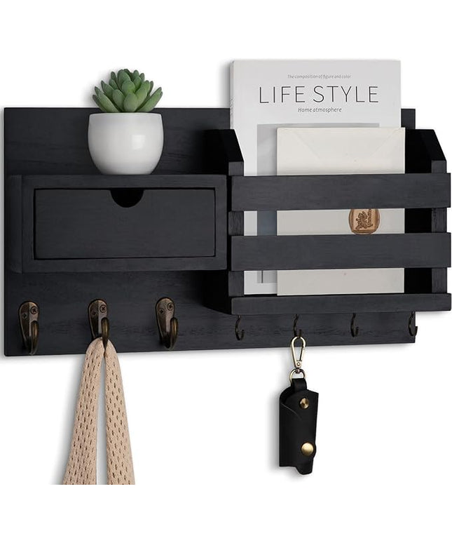 Lwenki Wall Mount Key Holder with Mail Organizer, 100% Paulownia Wood, 7 Metal Hooks, Storage Drawer, Entryway Home Decor (Black)