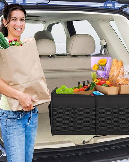 Homeve Trunk Organizer, Car Storage, Reinforced Handles, Collapsible Multi-Compartment, Foldable, Waterproof, Sturdy, 600D Oxford Polyester For Car, SUV, Mini-Van, Black, 2 Compart-Small
