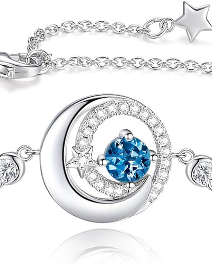 FANCIME Birthstone Bracelets 925 Sterling Silver Moon and Star Bangle Charm Bracelet Fine Jewelry Birthday Anniversary Christmas Day Gift for Her Women, Adjustable Chain 6.7"+1.2" Extend