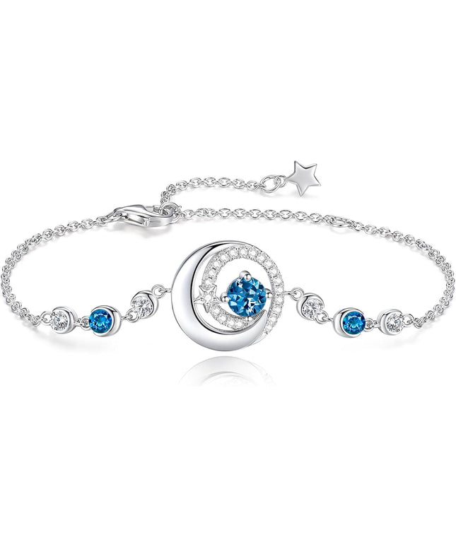 FANCIME Birthstone Bracelets 925 Sterling Silver Moon and Star Bangle Charm Bracelet Fine Jewelry Birthday Anniversary Christmas Day Gift for Her Women, Adjustable Chain 6.7"+1.2" Extend