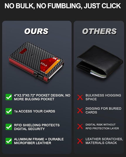 Ruiici Wallet for Men, Slim Minimalist Wallet with Money Clip＆ID Window, RFID Blocking Pop-Up Credit Card Holder, Smart Auminum Mens Wallet Holds 9-13 Cards (Gift Box) (Carbon Fiber & Red)