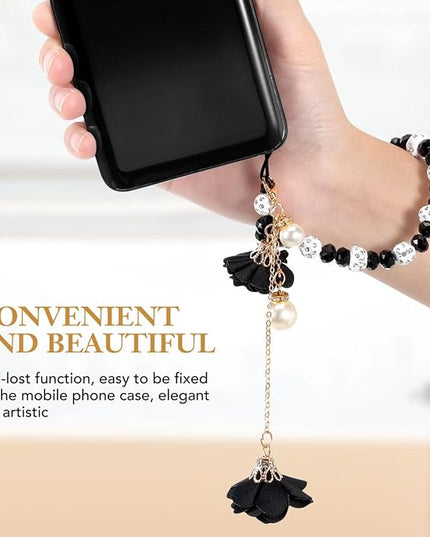 POPETPOP Crystal Flower Pendant Beaded Phone Charm Non-Slip Wrist Strap 6.7 Inch for Cell Phones Keys and Wallet Accessories