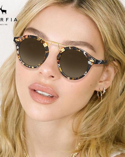 CARFIA Small Face Acetate Polarized Sunglasses for Women UV Protection, Retro Double Bridge Eyewears Metal Brow Round Sunnies