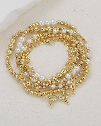 Gold Beaded Bracelets for Women, 14K Real Gold Plated Jewelry for Women Dainty Pearl Bead Bracelets Stack, Non Tarnish Trendy Stackable Ball Cross Stretch Bracelet Set Fashion Accessories Gifts