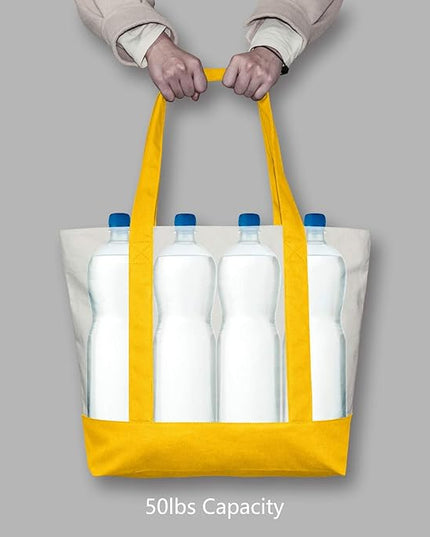 TOPDesign 6-Pack Canvas Tote Bags with an External Pocket, Reusable Grocery Shopping Bags, Top Zipper Closure, Daily Essentials (Yellow/Natural)