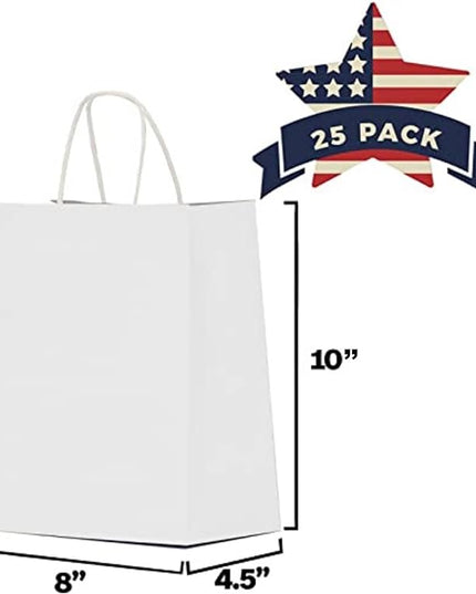 Qutuus White Paper Gift Bags with Handles Bulk 25 pcs 8x4.5x10 Medium White Paper Bags for Gifts, Valentines, Shopping, Retail