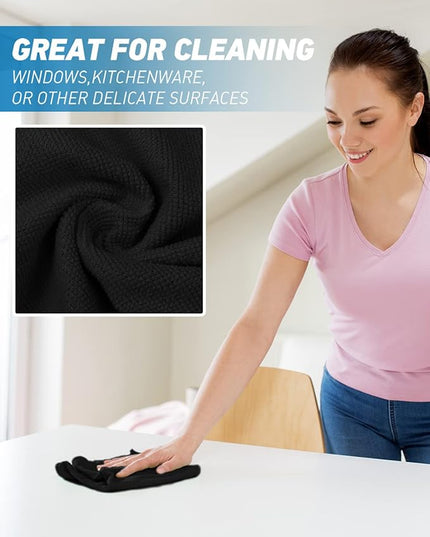 Microfiber Cleaning Cloth-24Pcs (13x13 inch) Ultra Soft Highly Absorbent Rags for Housekeeping-Machine Wash (Black)