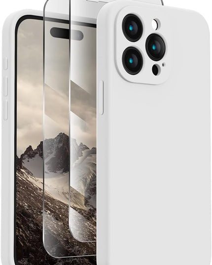 FireNova Designed for iPhone 15 Pro Case, Silicone Upgraded [Camera Protection] Phone Case with [2 Screen Protectors], Soft Anti-Scratch Microfiber Lining Inside, 6.1 inch, White