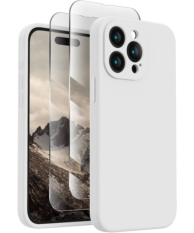 FireNova Designed for iPhone 15 Pro Case, Silicone Upgraded [Camera Protection] Phone Case with [2 Screen Protectors], Soft Anti-Scratch Microfiber Lining Inside, 6.1 inch, White