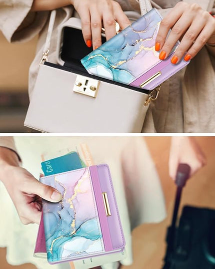 Passport Holder Cover Travel RFID Blocking Passport Cover Rose Gold Cute Flowers Passport Wallet with Elastic Band for Women