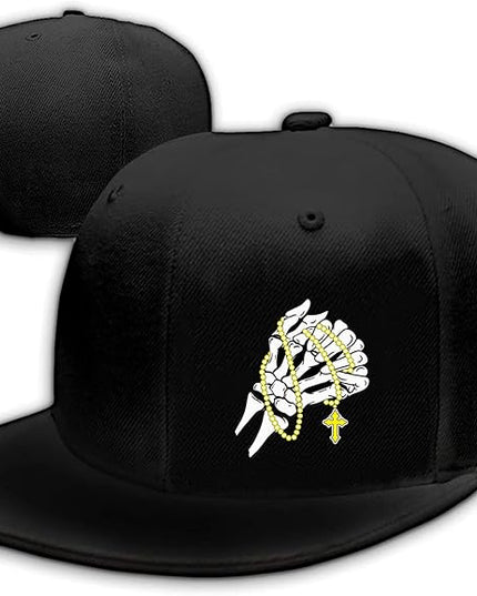 Skull Finger Flat Bill Hats for Men Black Mens Snapback Hat Baseball Cap Fitted Hat Rock N Roll Skeleton Hand Snap Backpack