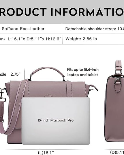 EaseGave Women's 15.6 Inch Laptop Briefcase, Vintage Purple Saffiano Eco-Leather, 4 Large Compartments, 2 Slip Pockets, 1 Zip-Fastening Pocket