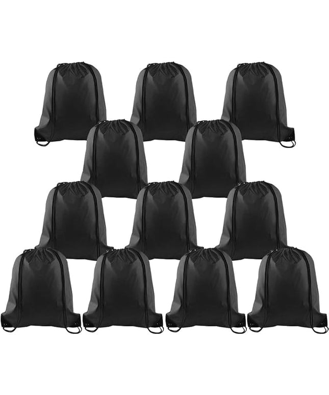 KUUQA 12 Pcs Drawstring Backpack Bags Sport Gym Sack Cinch Bags Bulk for School Traveling and Storage (Black)