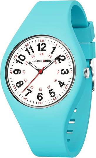 GOLDEN HOUR Waterproof Sports Analog Unisex Watches for Nurse Medical Professionals, Students - Military Time Glowing Easy to Read Dial, Jelly Silicone Strap