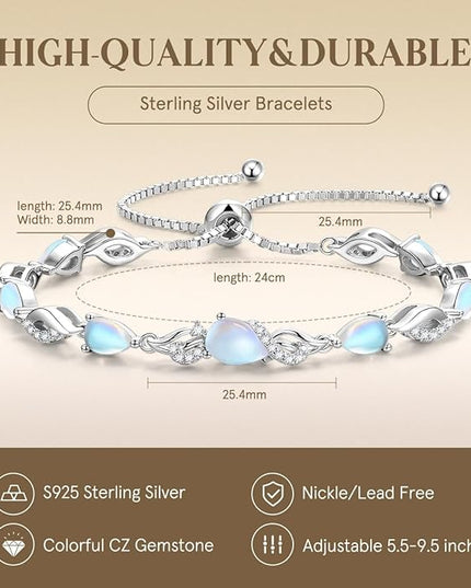 FANCIME Birthstone Teardrop Tennis Bracelet for Women, Sterling Silver 9x7mm main Gemstone Bolo Adjustable Chain Bracelet Fine Jewelry Birthday Gifts for Women Mom Wife Her