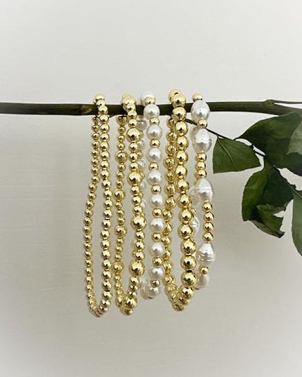 Gold Beaded Bracelets for Women, 14K Real Gold Plated Jewelry for Women Dainty Pearl Bead Bracelets Stack, Non Tarnish Trendy Stackable Ball Cross Stretch Bracelet Set Fashion Accessories Gifts